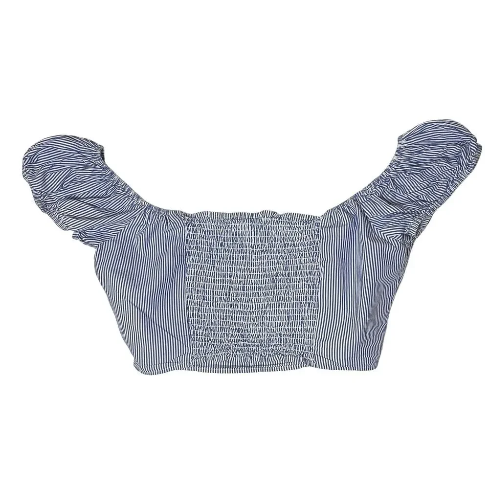Reformation Milkmaid Blue White Pinstripe Puff Sleeve Crop Top XL Couquette